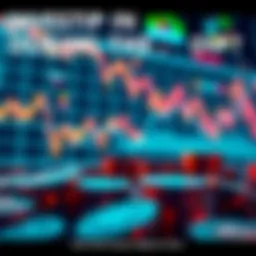 A digital representation of fluctuating cryptocurrency values with a graph showing a downward trend and coins in the foreground.