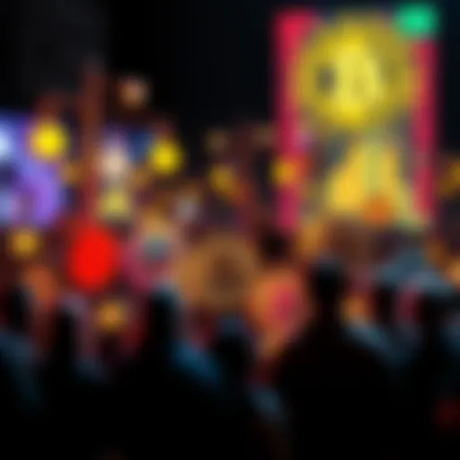 A graphic representation of various cryptocurrency symbols and investment strategies discussed by different people.