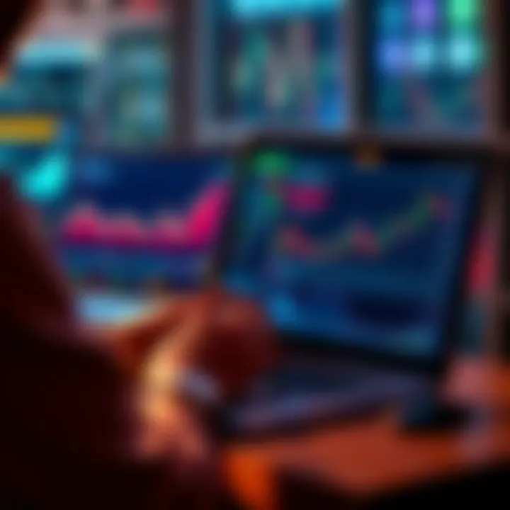 A person analyzing cryptocurrency trends on a laptop with charts and graphs on the screen