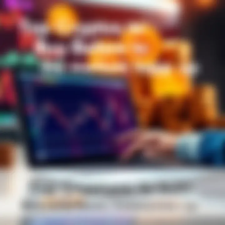 A trader analyzing cryptocurrency graphs on a laptop with coins in the background