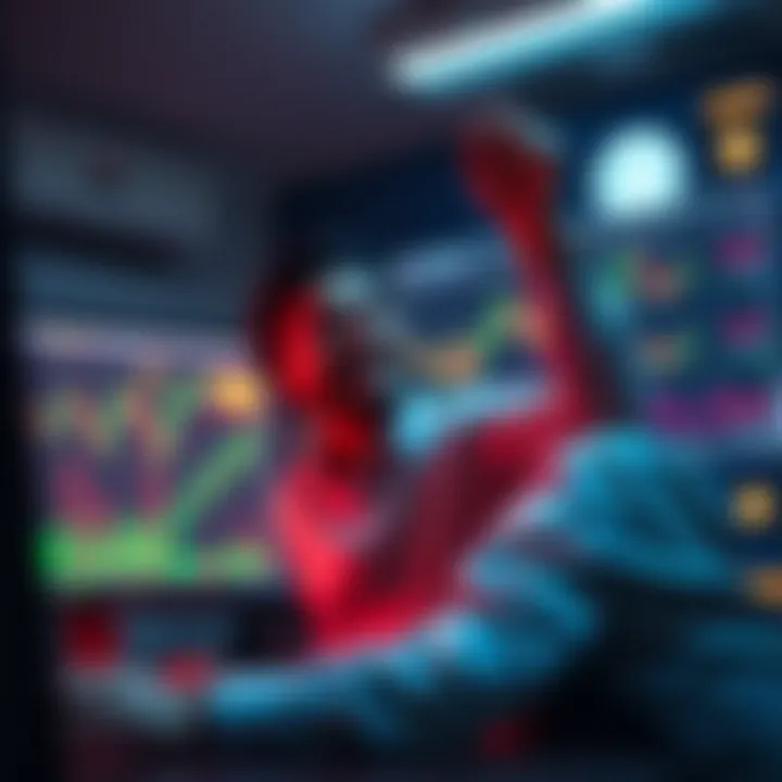 Investing in Litecoin An investor celebrating gains from Litecoin investments, showing charts and crypto symbols on a computer screen