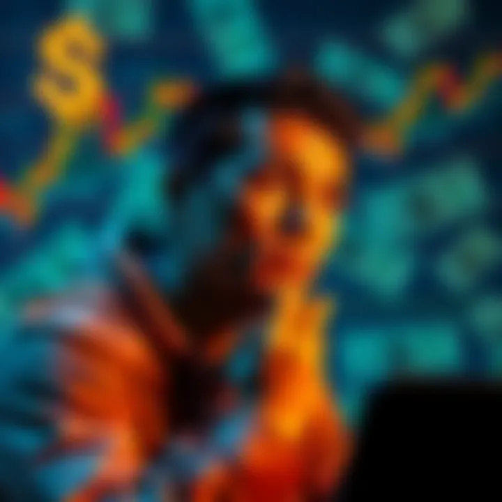 A person contemplating investment strategies with cryptocurrency charts and dollar bills in the background