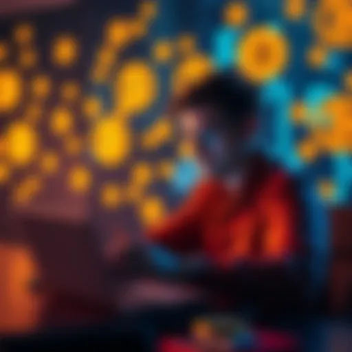 A person reviewing superannuation funds on a laptop with Bitcoin symbols in the background.