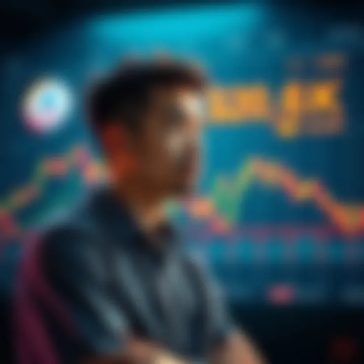 A person contemplating a $20,000 investment in Near cryptocurrency, with financial graphs showing fluctuations and potential rise after a federal rate cut.