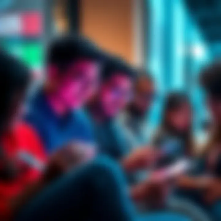 A group of diverse people exploring various investment platforms on their devices, focusing on options for Dollar-Cost Averaging, outside the US.