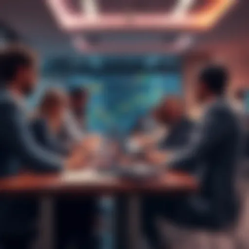 A group of people discussing investment strategies at a table with laptops and notebooks.