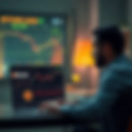 A person contemplating investing a loan into Bitcoin, with a laptop displaying Bitcoin charts and financial data.
