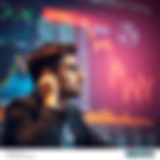 A thoughtful investor contemplating selling their stocks with graphs and charts in the background.