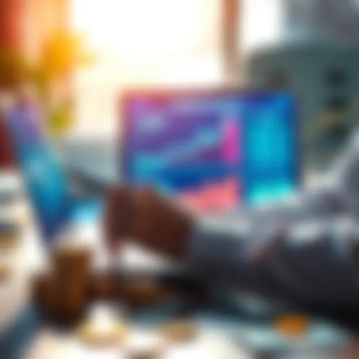 A person analyzing financial graphs and charts on a laptop, with cryptocurrency icons and dollar bills scattered around