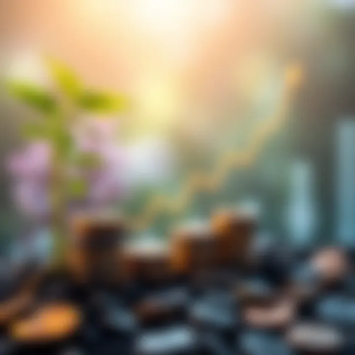 A chart showing upward trends in financial investments with coins and a plant growing beside it