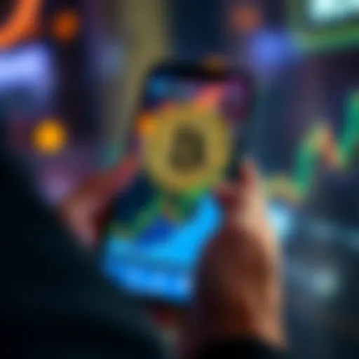 A person holding a smartphone displaying a Bitcoin logo and graphs, representing the concept of investing in cryptocurrency
