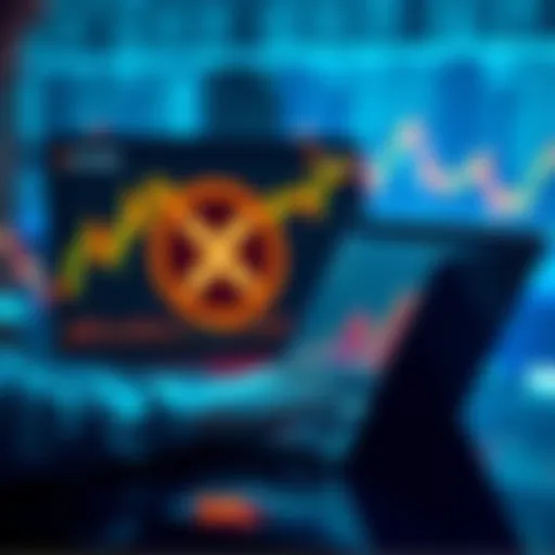 A person analyzing investment trends on a laptop with XRP logo and financial charts in the background