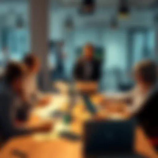 A group of people sharing and discussing investment portfolios at a table with laptops and documents.