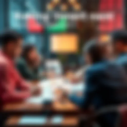 People discussing investment portfolios around a table with charts and graphs