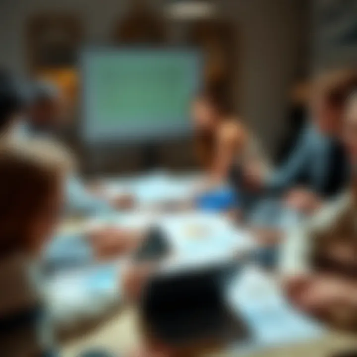 Investment Portfolio Feedback A group of people discussing investment strategies around a table, with charts and graphs on laptops and papers.