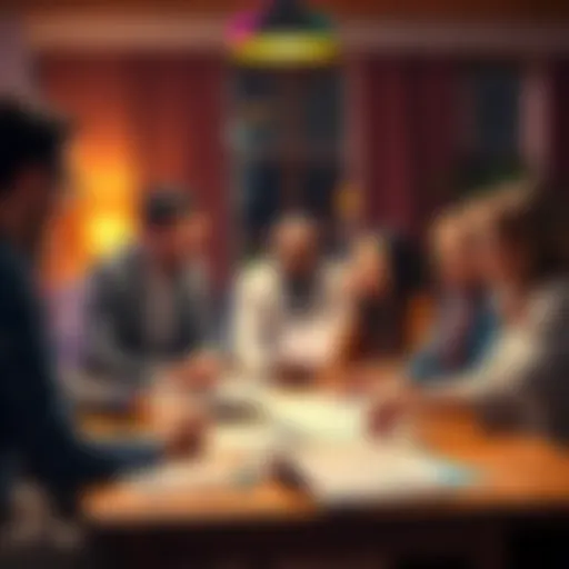 A group of diverse investors sharing and discussing their portfolios in a warm setting, with charts and documents on a table.