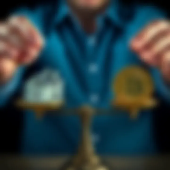 A person weighing scales with a house on one side and Bitcoin coins on the other