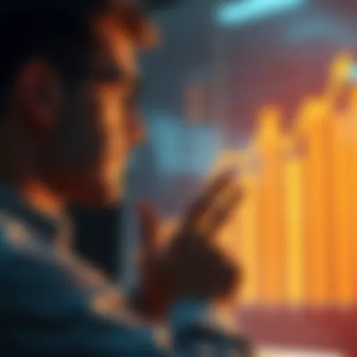 A person considering investment options while looking at a graph showing rising values, symbolizing confidence in asset future value.