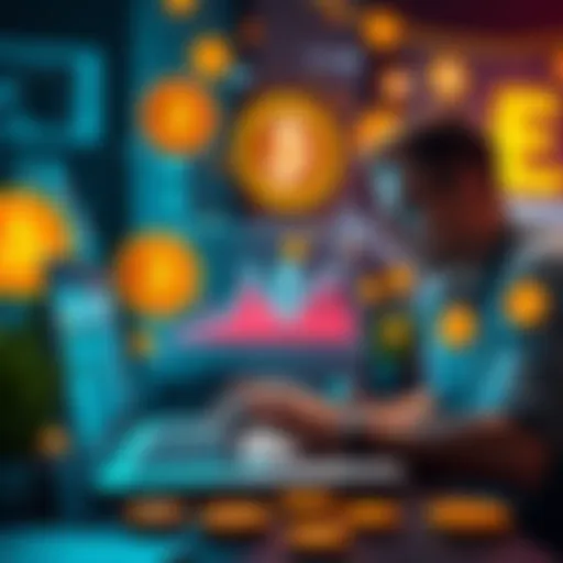 A person analyzing charts and graphs on a laptop, surrounded by icons of Bitcoin, Ethereum, and various altcoins.