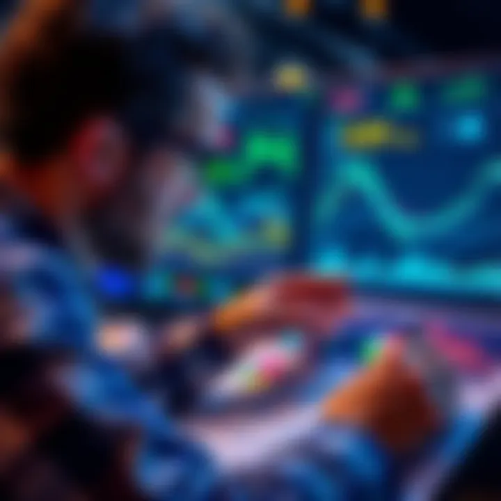 Person analyzing graphs and charts related to various investment options including stocks and cryptocurrency.