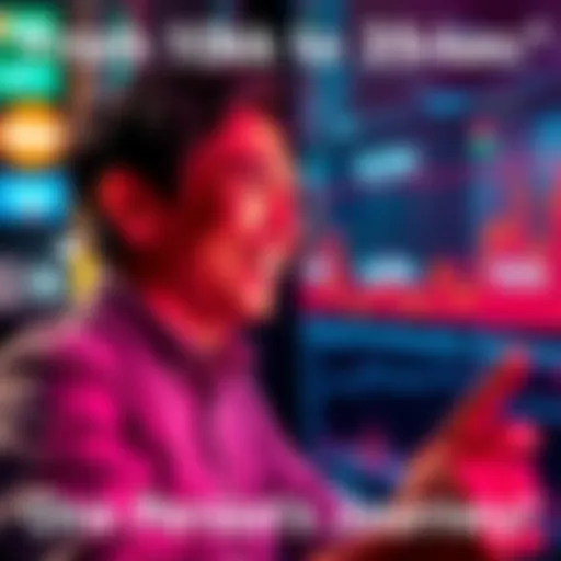 Individual smiling while looking at financial charts with Kaspa logos on the screen