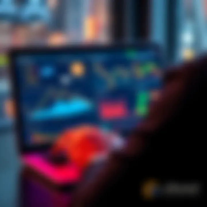 A person looking at a laptop screen displaying various cryptocurrency charts and graphs, with Bitcoin and altcoins highlighted.