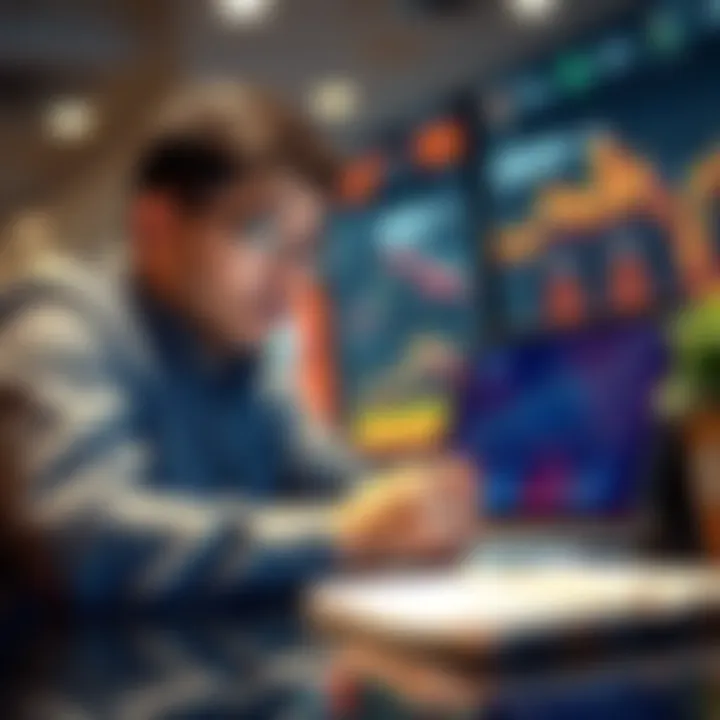 An investor looking concerned while reviewing Hedera's market performance on a laptop, showing charts and data about recent losses.