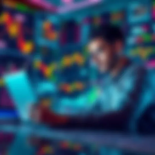 A person studying market trends on a laptop, surrounded by financial charts and graphs, showing different price points for investments.