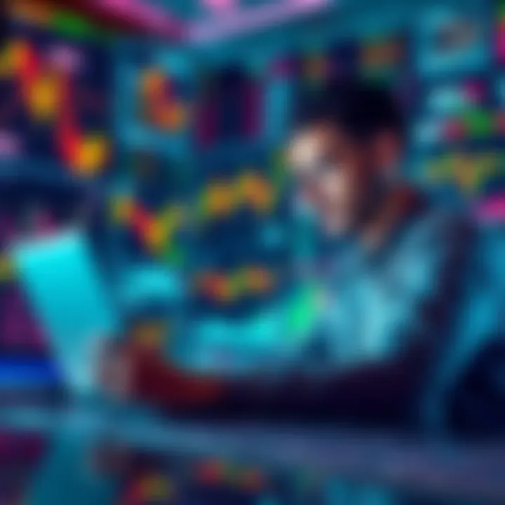 A person studying market trends on a laptop, surrounded by financial charts and graphs, showing different price points for investments.