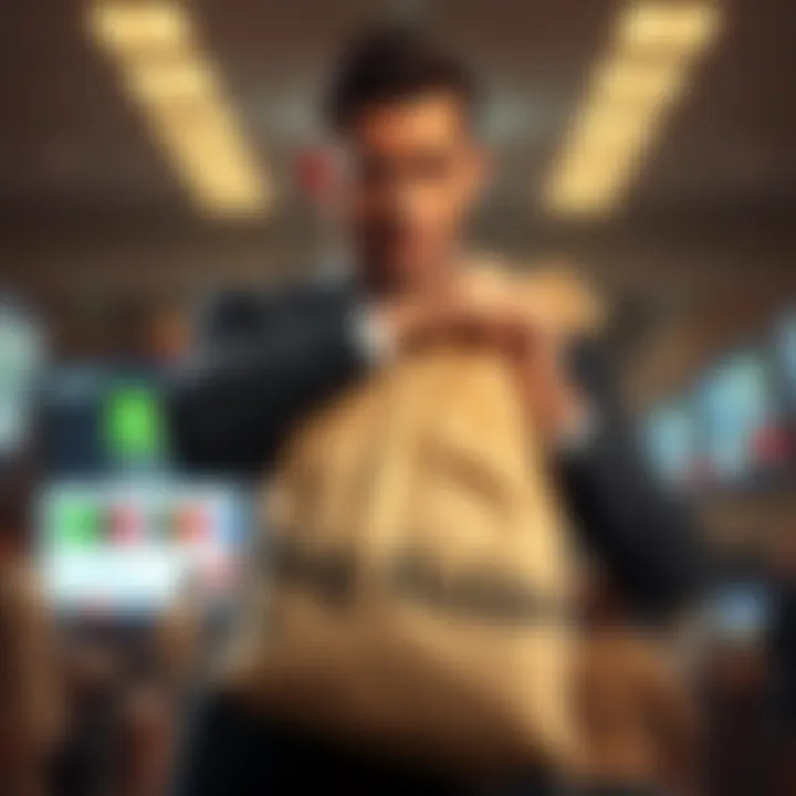 An investor looking worried while holding a large bag labeled 'Stocks', representing the concept of a bag holder in investing.