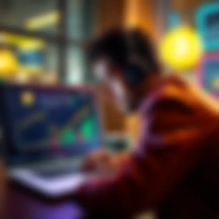 A person looks at a Dogecoin chart on a laptop, showing financial gains and losses.