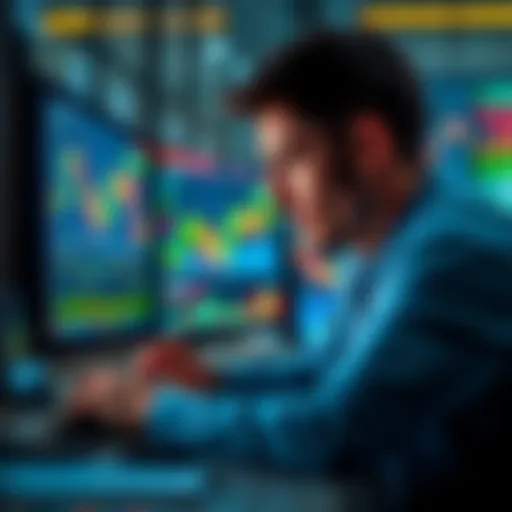 An investor examining stock charts on a computer while considering buying during a market dip.