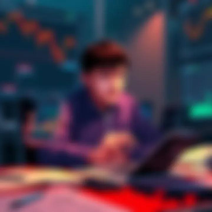 An investor sits at a desk filled with charts and graphs, looking worried while holding a smartphone displaying cryptocurrency market data, reflecting on their investment in MATIC.