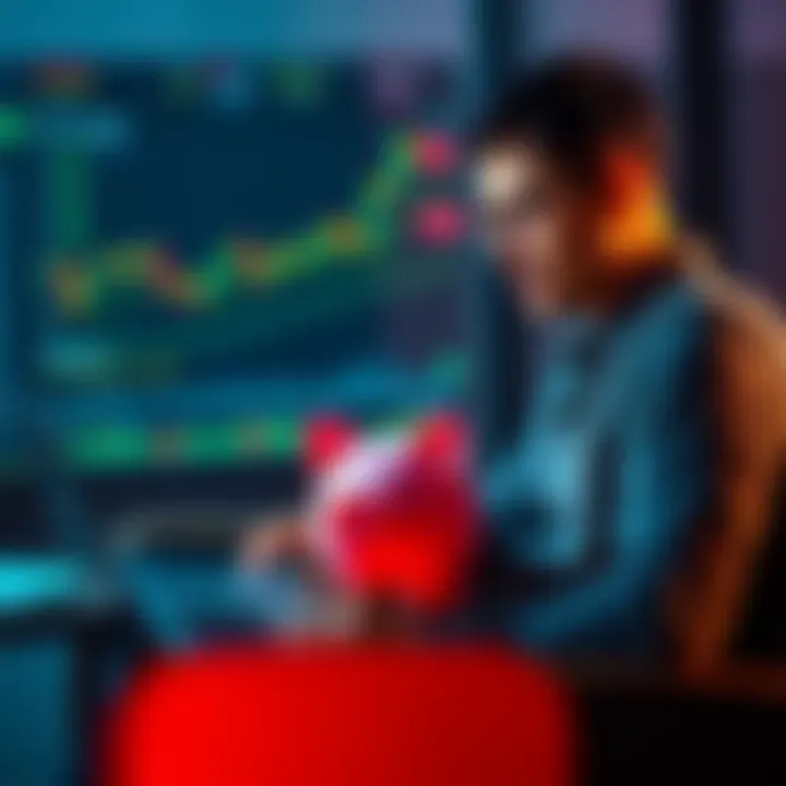 Investor Converting Savings A person sitting with a laptop, looking at cryptocurrency charts while holding a piggy bank, symbolizing the risk of investing life savings in digital assets.