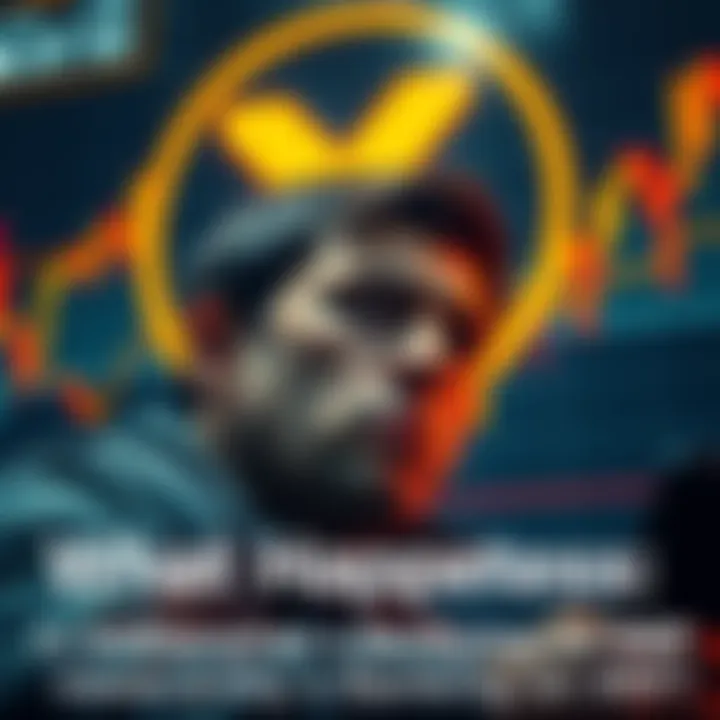 Investor Counting Losses A distressed person looking at financial charts, representing the loss of investment in XRP. The background shows a digital currency symbol.