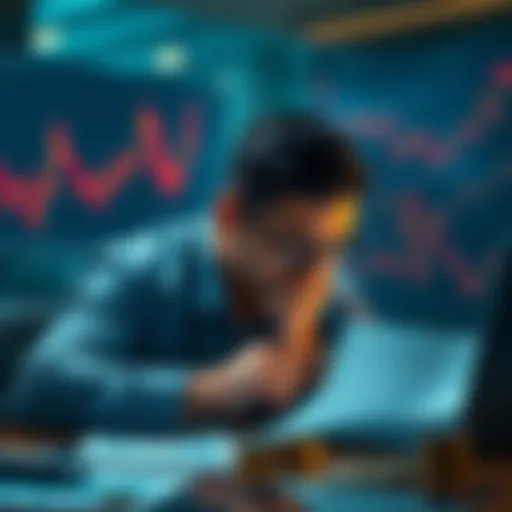 A concerned investor looks at financial charts and coins on a table, showing signs of stress and contemplation.
