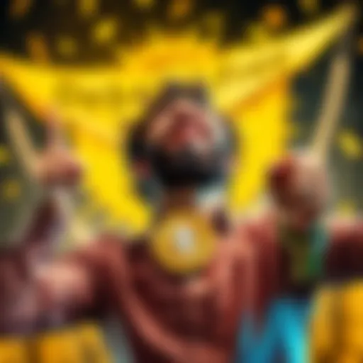 Person joyfully holding Ethereum coins with a background of a debt-free banner