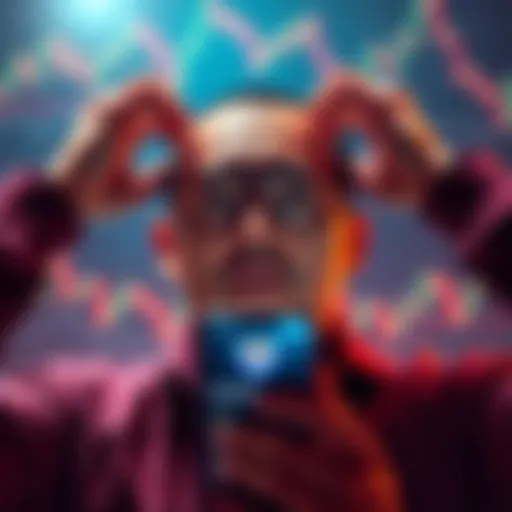 An investor looking frustrated with hands on their head, surrounded by financial charts and a smartphone displaying a cryptocurrency app