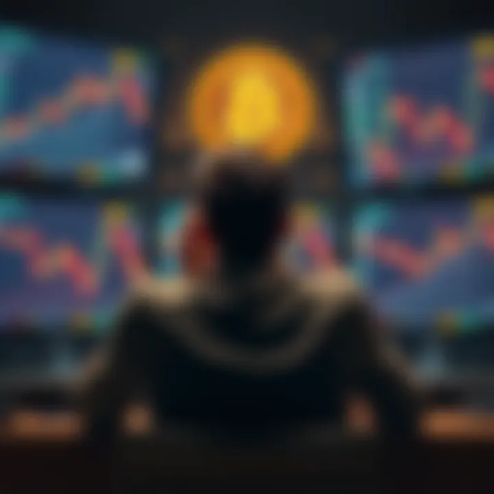A distressed investor sits in front of multiple screens showing falling Bitcoin prices, looking contemplative while holding their head in their hands.