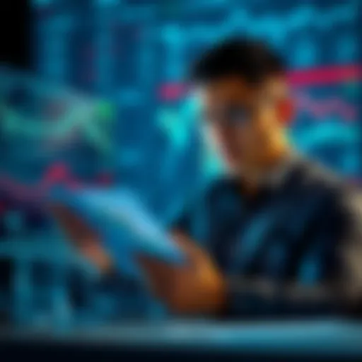 A worried investor examining financial charts related to Kaspa, reflecting uncertainty about investment growth.