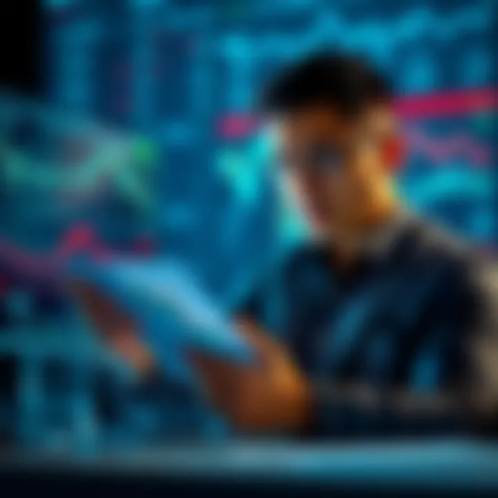 A worried investor examining financial charts related to Kaspa, reflecting uncertainty about investment growth.