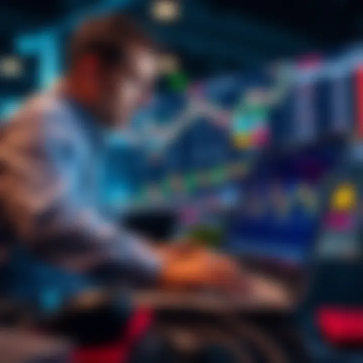 An investor looking at stock charts and market trends on a laptop, contemplating waiting before buying stocks during a dip.