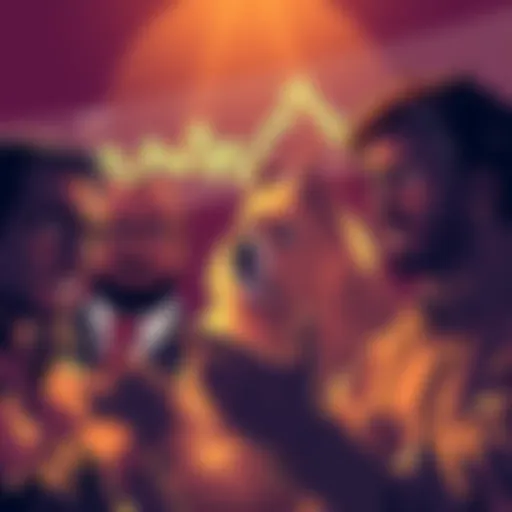A worried group of investors looking at a chart showing Dogecoin's price decline, with expressions of concern and anticipation for market recovery, symbolizing their hopes for altseason.