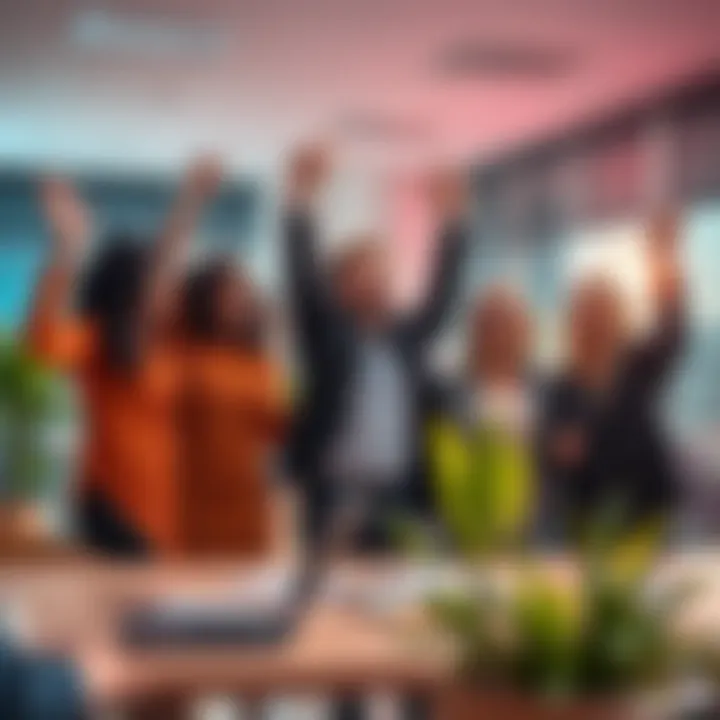 A group of diverse investors sharing excitement and optimism in a modern office setting, discussing investment strategies and goals.