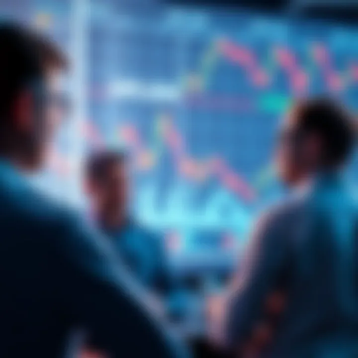 A group of people discussing investments in XRP as its value declines, with charts showing market trends in the background.