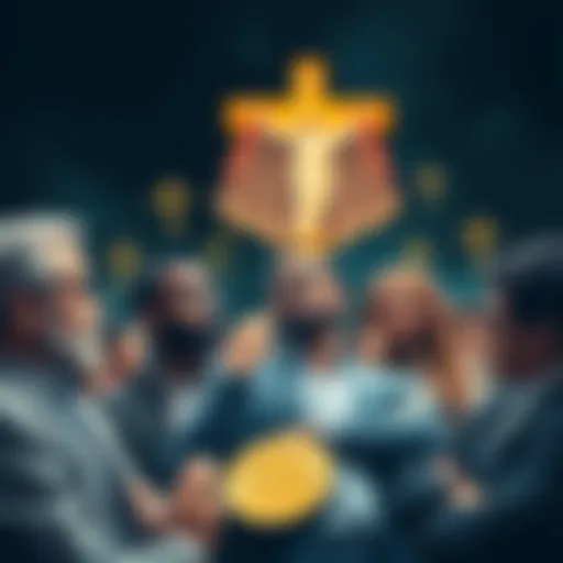 A group of diverse investors pondering Bitcoin's future with Christian symbols in the background