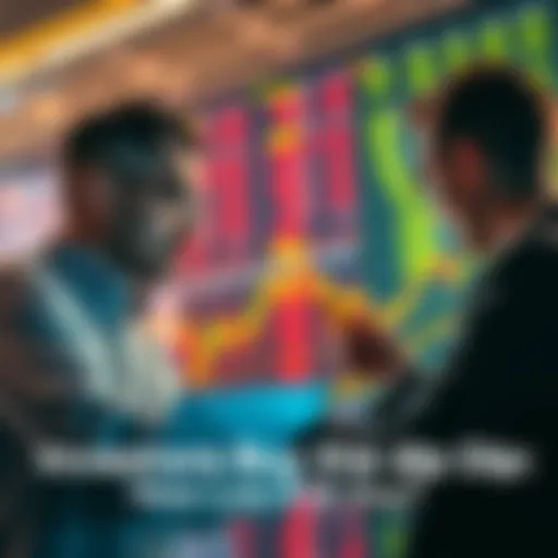 A group of investors analyzing stock charts and buying stocks during a market dip.