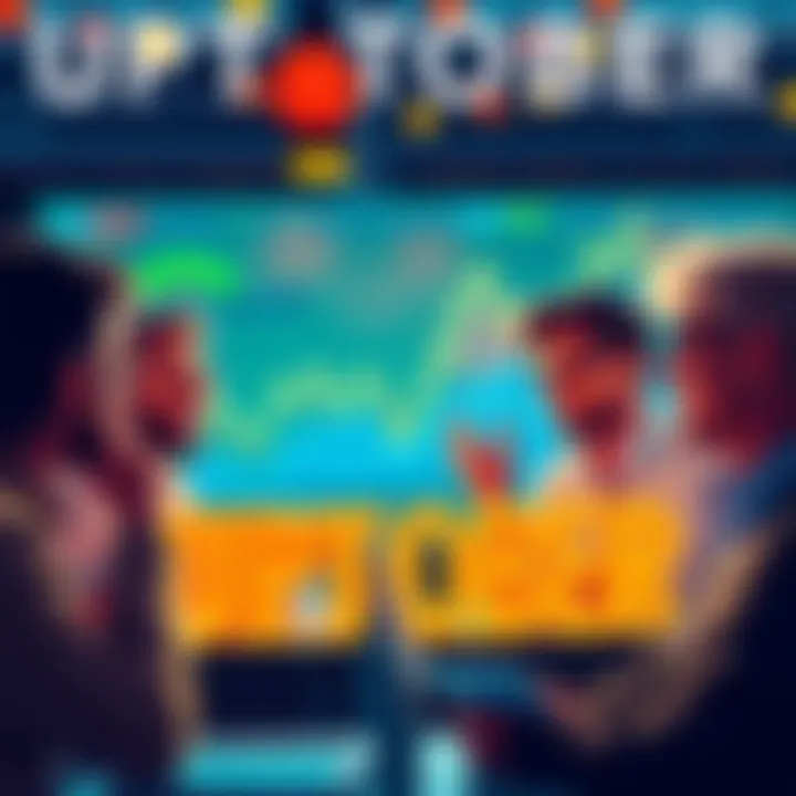 A group of diverse investors discussing opportunities during UPTOBER, with charts and graphs in the background.