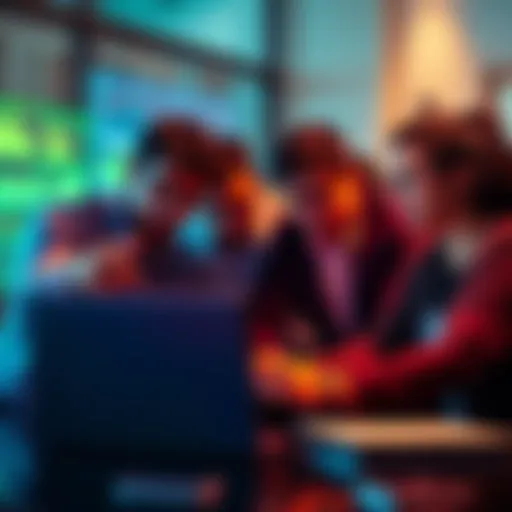 A group of investors looking at graphs and charts on a laptop, expressing concern over missed buying opportunities for Hedera.