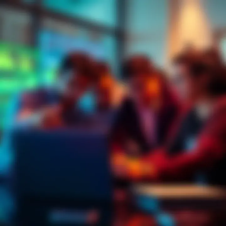A group of investors looking at graphs and charts on a laptop, expressing concern over missed buying opportunities for Hedera.